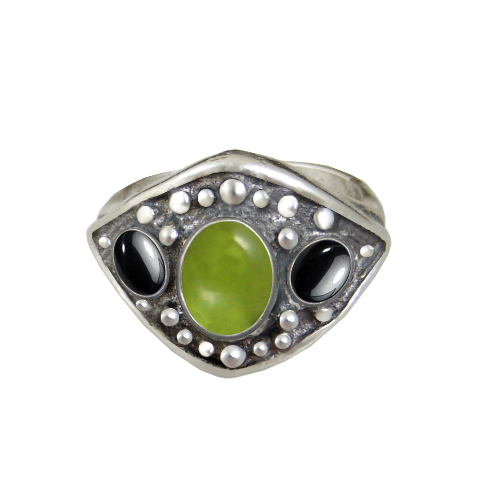 Sterling Silver Medieval Lady's Ring with Peridot And Hematite Size 9